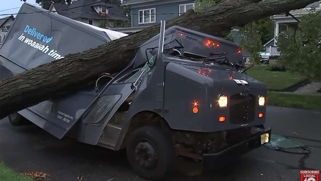 Person Trapped Inside Amazon Delivery Truck After Tree Falls During Severe Storm