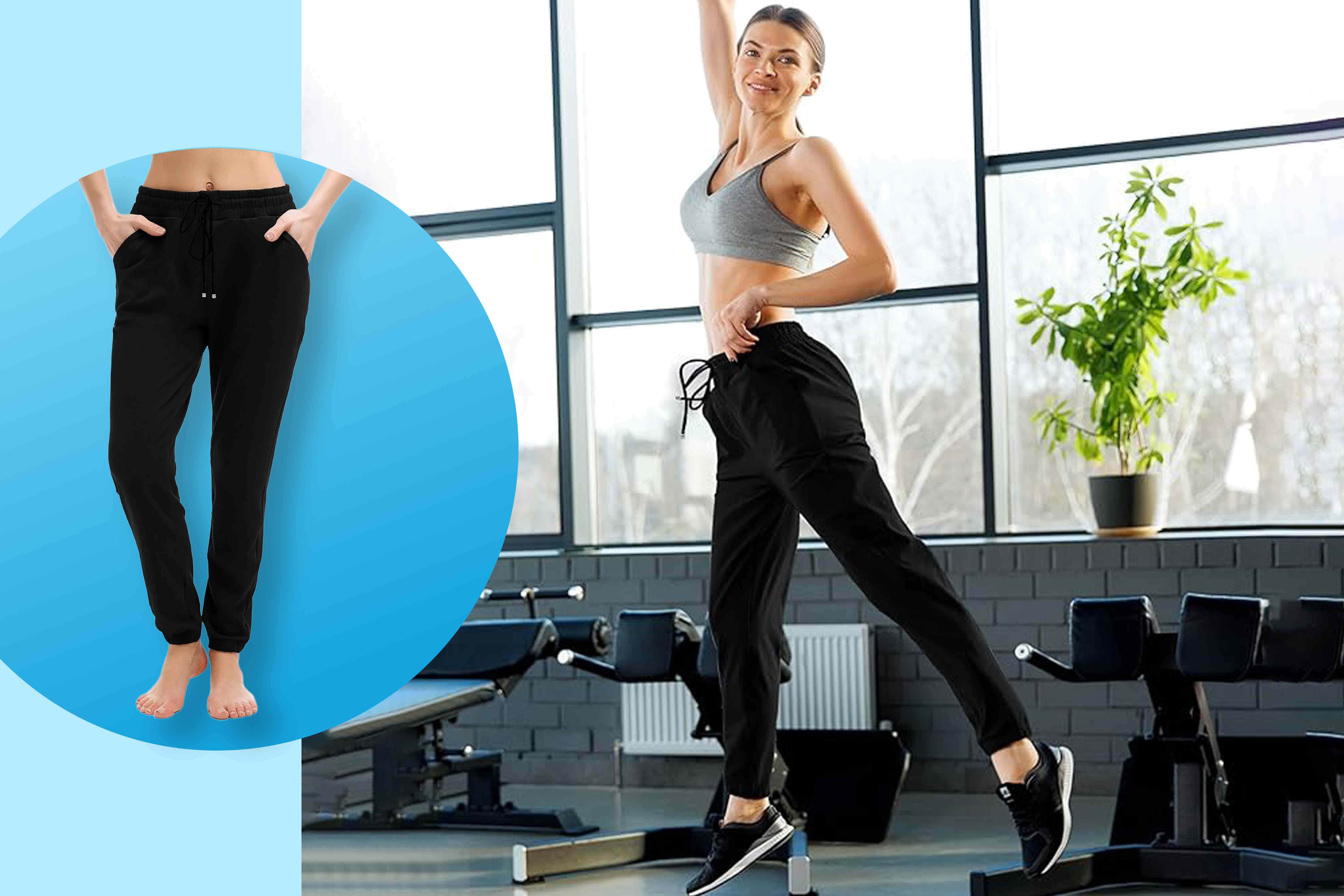 Someone working out while wearing the Walifrey Joggers Drawstring Sweatpants next to a single image of the same sweatpants Credit: Amazon (2)
