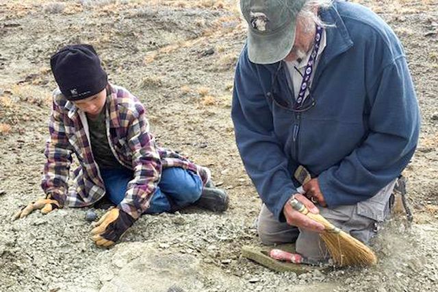 Touren Pope assists with the excavation alongside JP Cavigelli Craig Thomas, BLM Rock Springs Field Office