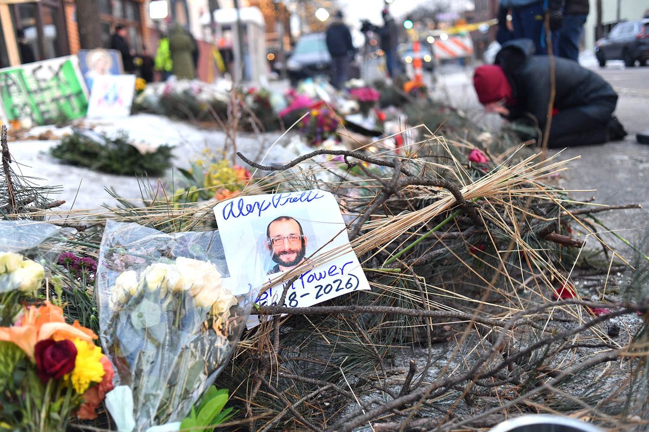 A makeshift memorial in the area where Alex Pretti was shot dead a day earlier by federal immigration agents in Minneapolis, Minnesota, on January 25, 2026. Octavio JONES / AFP via Getty