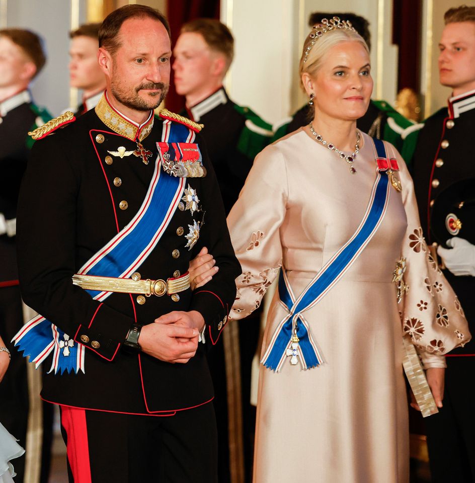 Crown Prince Haakon and Crown Princess Mette-Marit on their way to a gala dinner at dinner Oslo on April 8, 2025. Fredrik Varfjell/NTB via AP