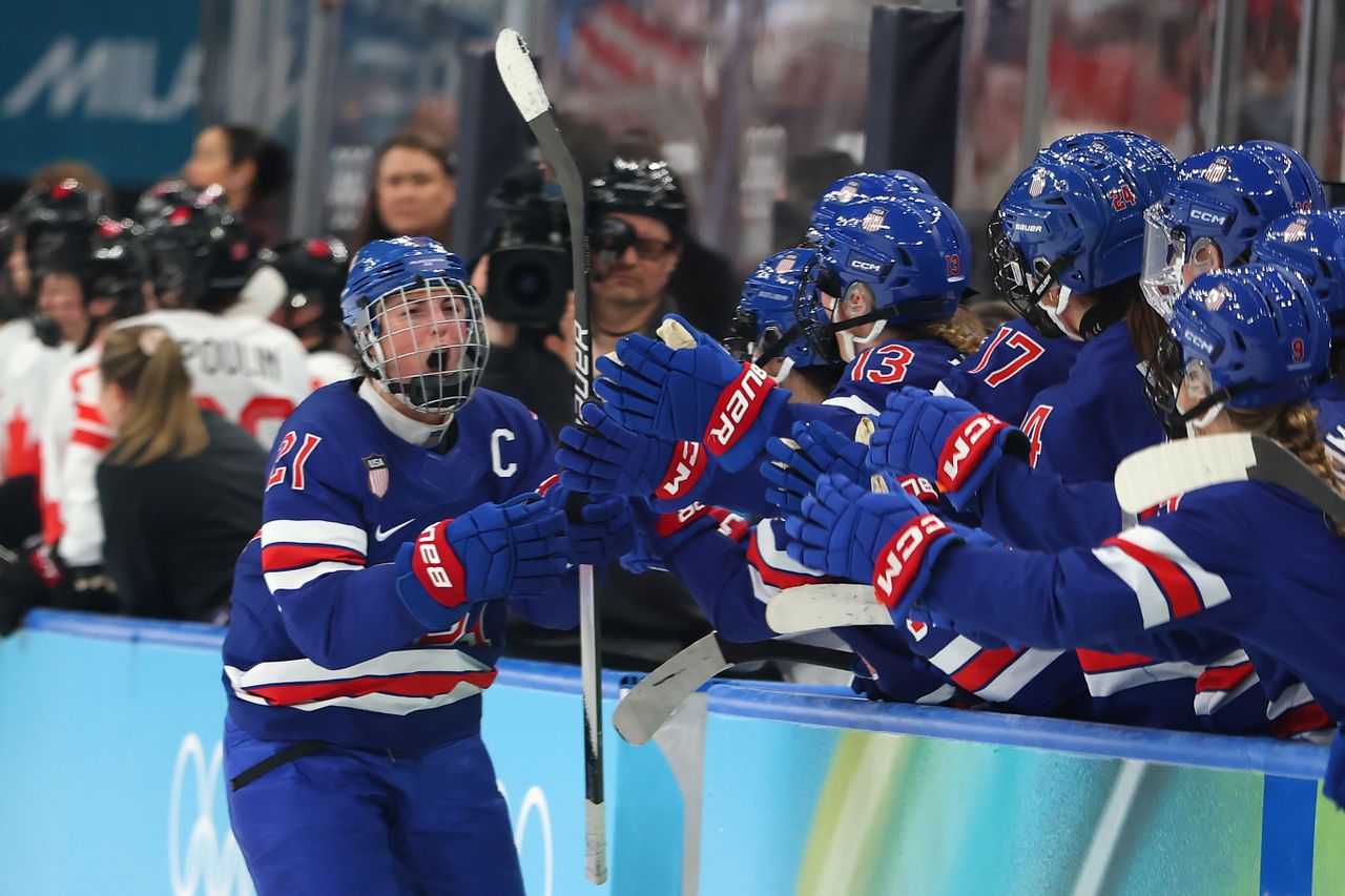 Hilary Knight celebrates with teammates at the 2026 Winter Olympics on Feb. 19. Gregory Shamus/Getty