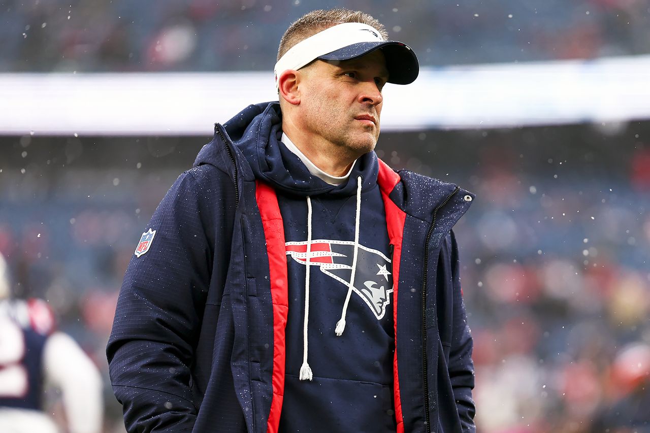 Josh McDaniels of the New England Patriots stands on the field prior to an NFL divisional playoff football game against the Houston Texans at Gillette Stadium on January 18, 2026 in Foxborough, Massachusetts Kevin Sabitus/Getty
