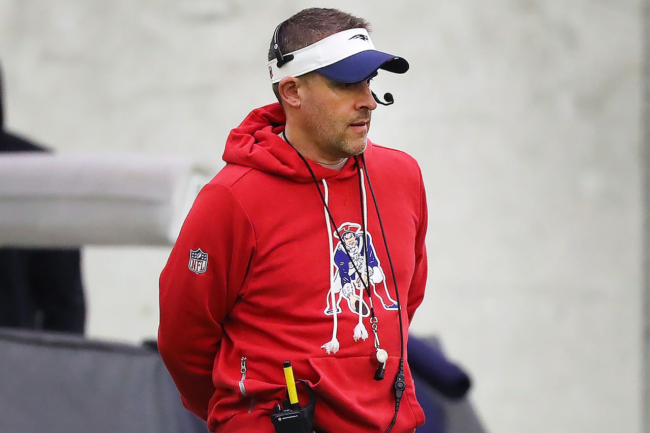 New England Patriots offensive coordinator Josh McDaniels at practice on January 30, 2026 John Tlumacki/The Boston Globe via Getty
