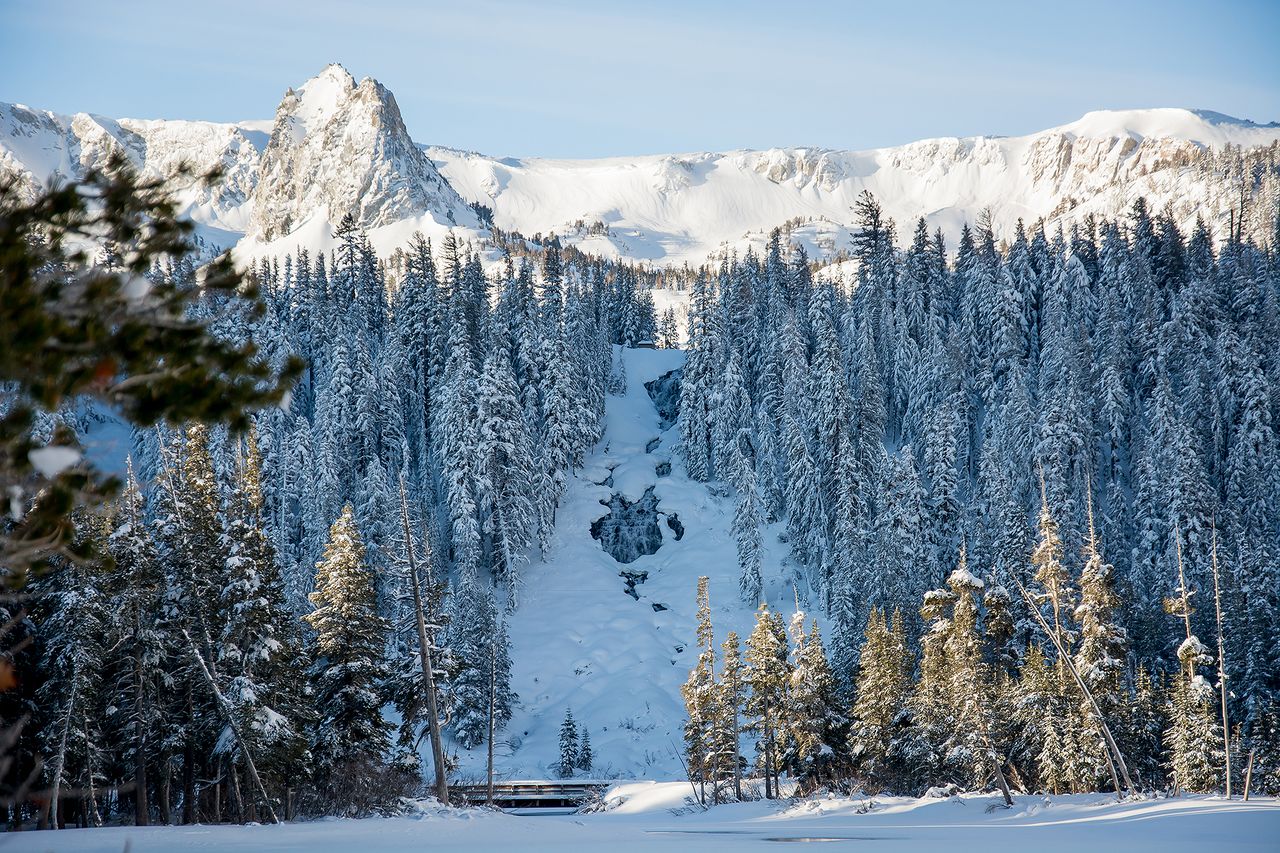 Scenic view of snow covered mountains of Mammoth Mountain Getty
