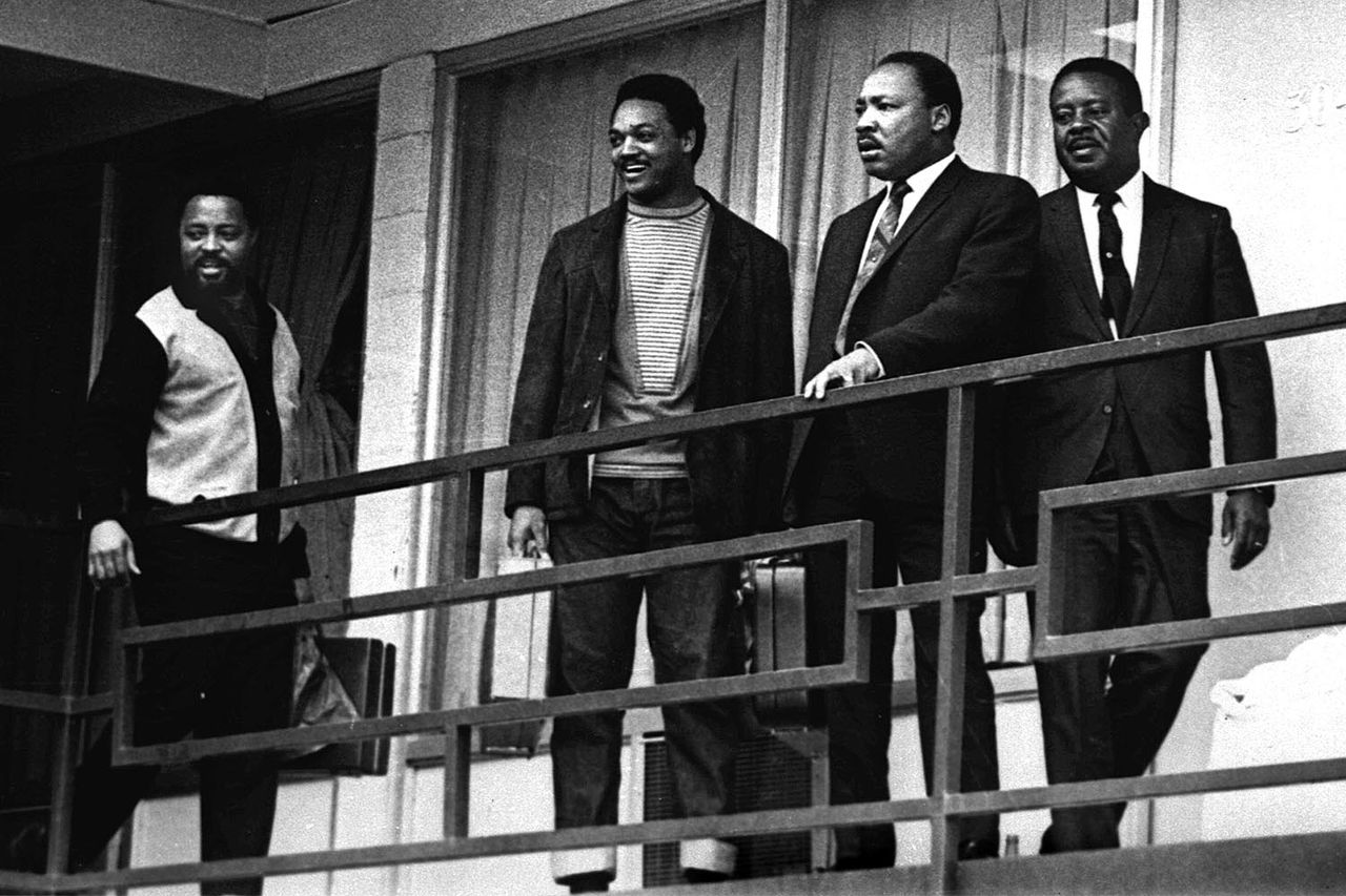 The Rev. Martin Luther King Jr. stands with Hosea Williams, Jesse Jackson, and Ralph Abernathy on the balcony of the Lorraine Motel in Memphis, Tenn., on April 3, 1968, Hosea Williams, Jesse Jackson, Martin Luther King Jr. , and Ralph Abernathy Charles Kelly/AP Photo