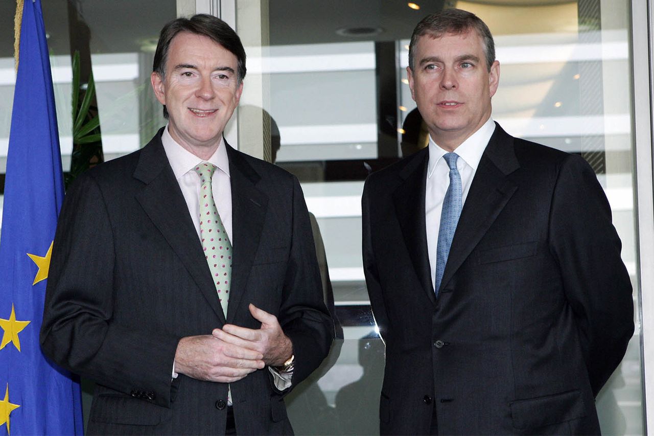 Brussels, BELGIUM: European External Trade Commissioner Peter Mandelson (L) welcomes Prince Andrew, Duke of York (R), prior to their bilateral meeting 07 June 2007 at the EU Commission's Headquarters in Brussels. Peter Mandelson and Prince Andrew at a bilateral meeting in Brussels in 2007 JOHN THYS/AFP via Getty