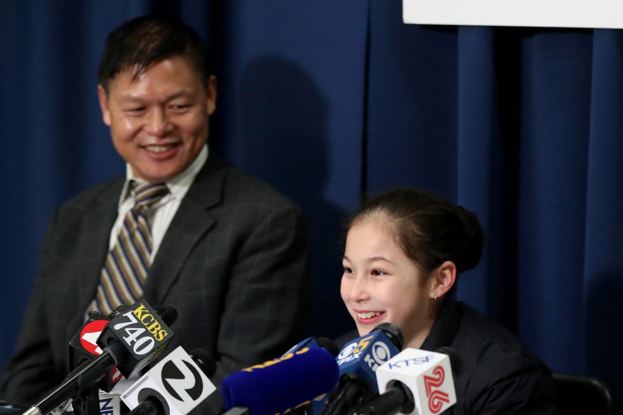 Alysa Liu with her father Arthur Liu hold a press conference after practice on Jan. 31, 2019 in Oakland, California. Alysa Liu with her father Arthur Liu hold a press conference after practice on Jan. 31, 2019 in Oakland, California. Ray Chavez/Media News Group/The Mercury News via Getty