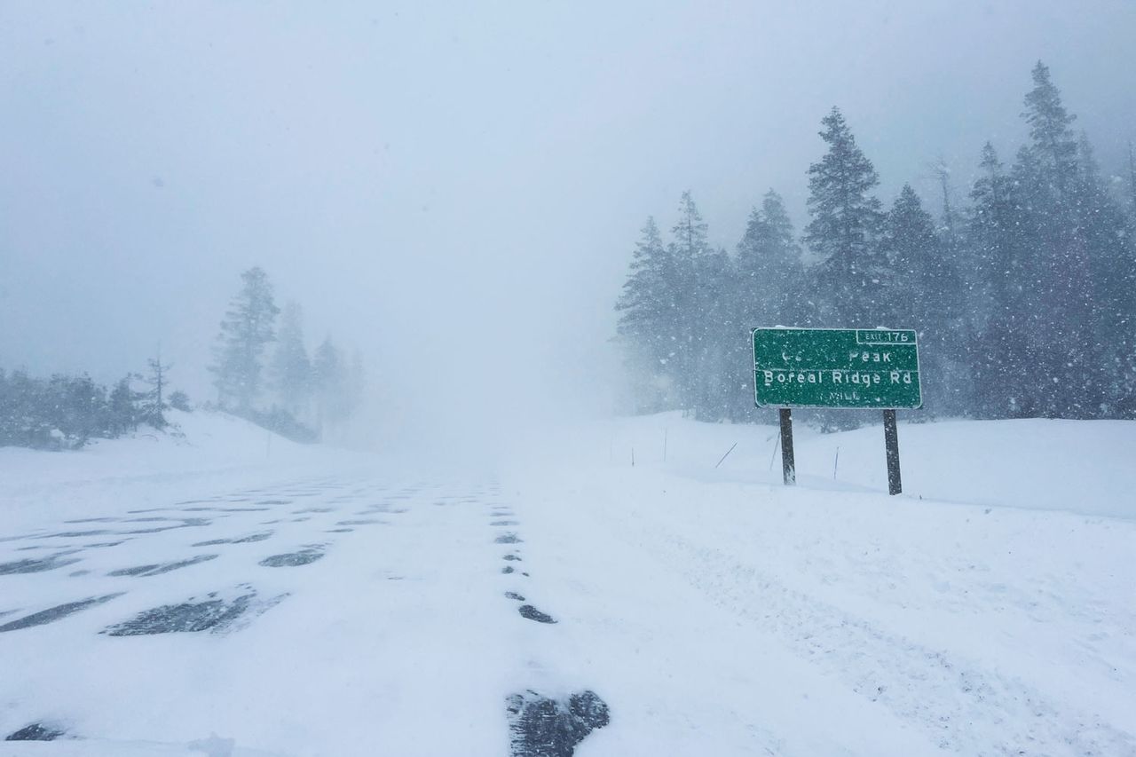 Castle Peak exit and Boreal Ridge Rd exit off I-80 show snowy conditions in Donner, Calif., on Tuesday, Feb. 17, 2026. Anthony Edwards/San Francisco Chronicle via Getty