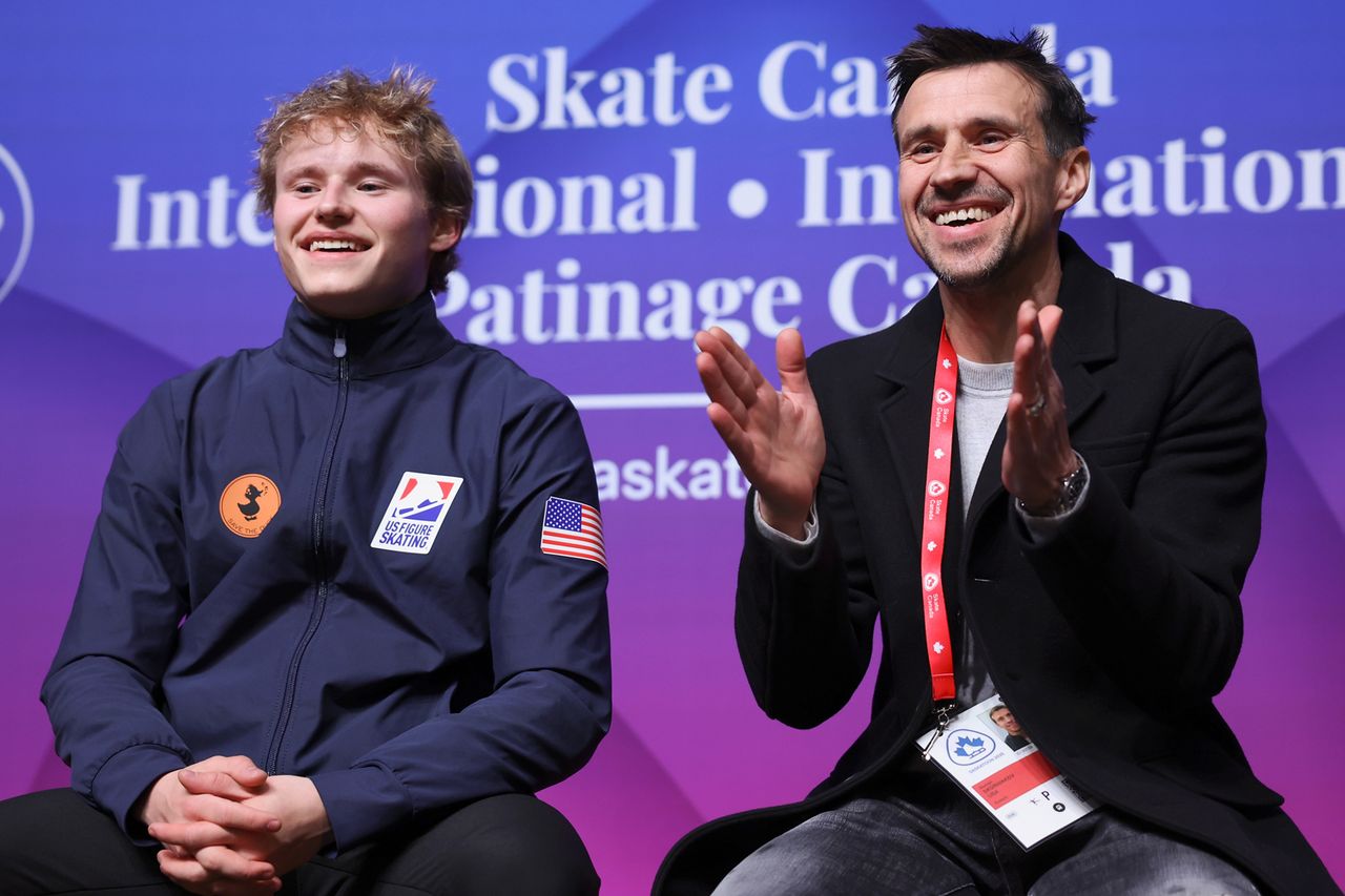 Ilia Malinin of the United States with coach and father Roman Skorniakov during the ISU Grand Prix of Figure Skating 2025 Skate Canada International on November 02, 2025 in Saskatoon, Saskatchewan. Elsa - International Skating Union/International Skating Union via Getty