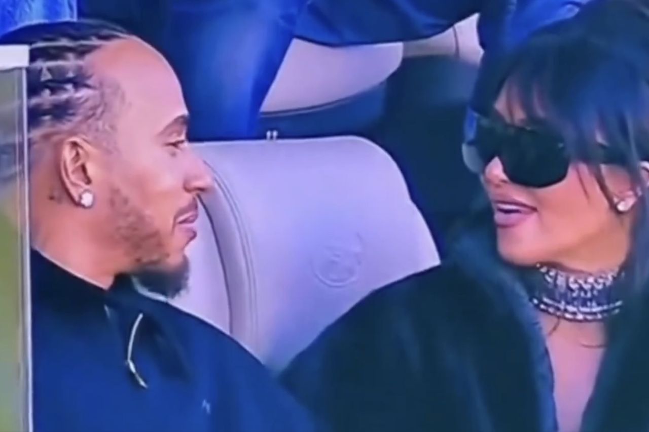 Kim Kardashian (right) and Lewis Hamilton at the Super Bowl on Feb. 8, 2026 NBC