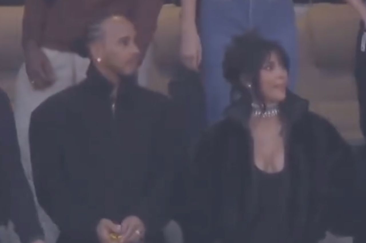 Lewis Hamilton (left) and Kim Kardashian at the 2026 Super Bowl NFL/Instagram