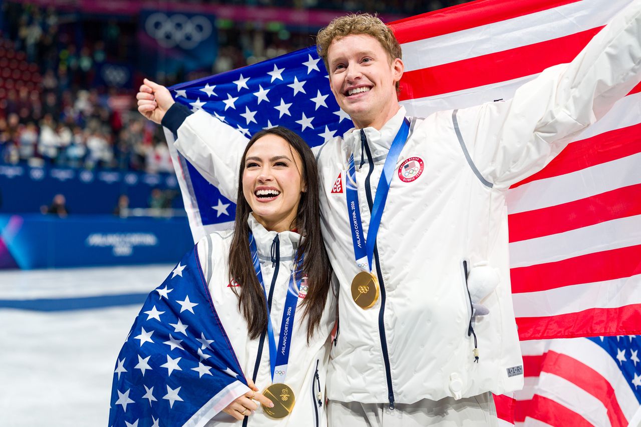 Gold medalists Madison Chock and Evan Bates of Team United States on day two of the Milano Cortina 2026 Winter Olympic games on February 08, 2026 in Milan, Italy. Andy Cheung/Getty