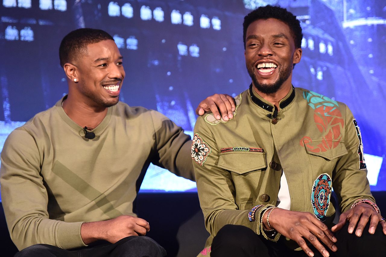 Michael B. Jordan and Chadwick Boseman attend the Marvel Studios' BLACK PANTHER Global Junket Press Conference on January 30, 2018 at Montage Beverly Hills in Beverly Hills, California. Michael B. Jordan and Chadwick Boseman on Jan. 30, 2018 Getty Images for Disney