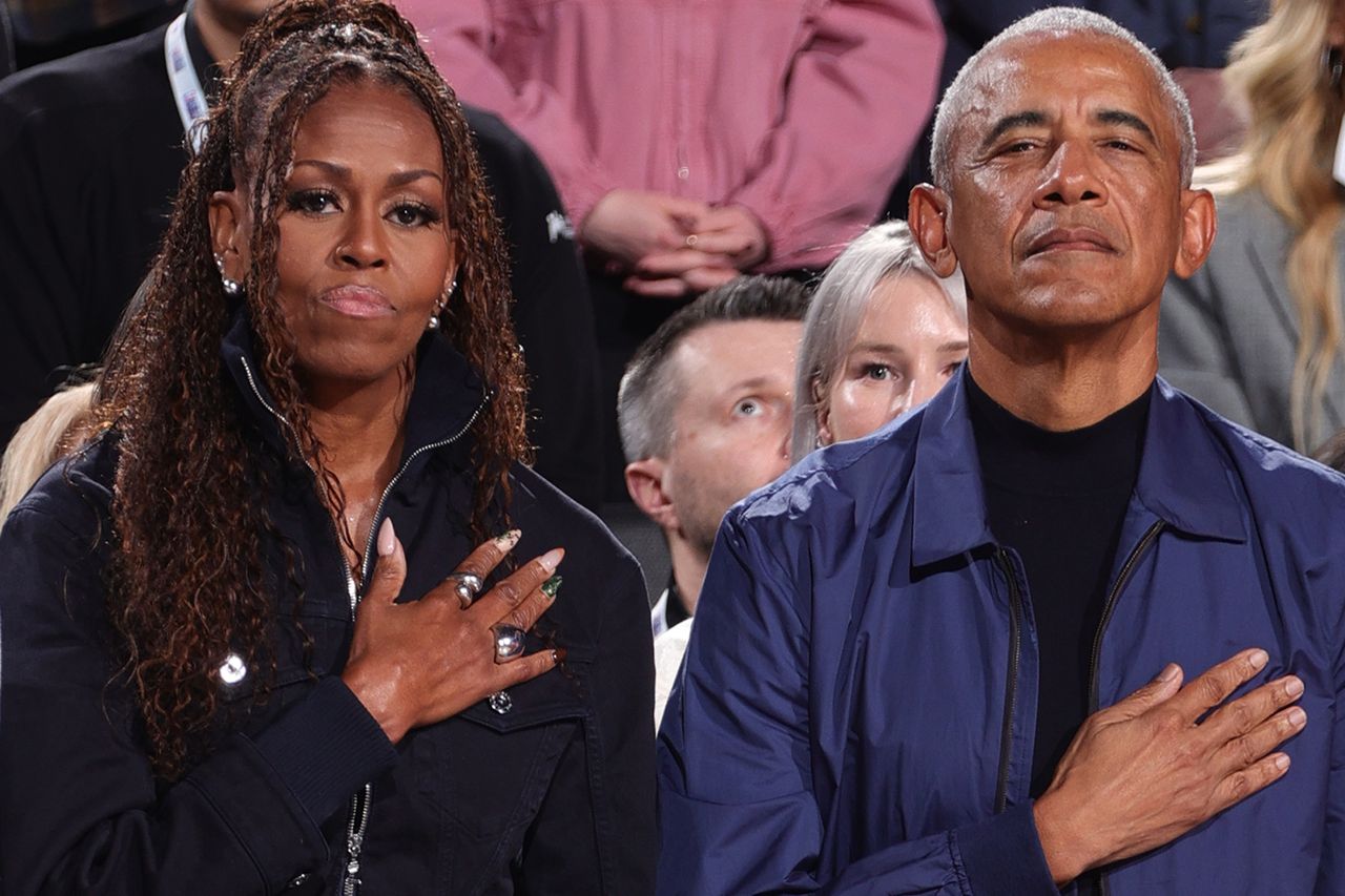 Former First Lady of the United States, Former First Lady of the United States, Michelle Obama and 44th U.S. President Barack Obama stand for the National Anthem during the 75th NBA All-Star Game as part of the 2026 NBA All-Star Weekend on February 15, 2026. Michelle and Barack Obama on Feb. 15Credit: Nathaniel S. Butler/NBAE via Getty