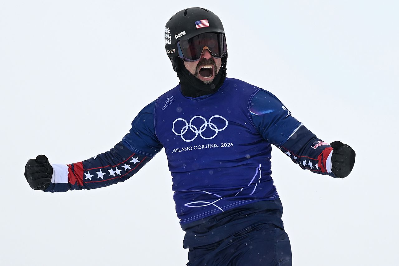 Nick Baumgartner of Team United States celebrates after competing in the Men's Snowboard Cross 1/8 Finals Nick Baumgartner on Feb. 12, 2026 in Italy Hannah Peters/Getty