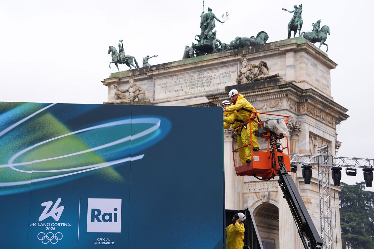 Workers carry out construction work at the Arch of Peace on February 3, 2026 in Milan, Italy. For the 2026 Milan-Cortina Winter Olympics, the Olympic flame will be lit and extinguished simultaneously in the two host cities of Milan and Cortina d'Ampezzo. The organizing committee has set up main cauldrons at the Arch of Peace in Milan and at Piazza Angelo Dibona in Cortina d'Ampezzo. Workers carry out construction work at the Arch of Peace in Milan, Italy, on Feb. 3, 2026 Â Jiang Qiming/China News Service/VCG via Getty