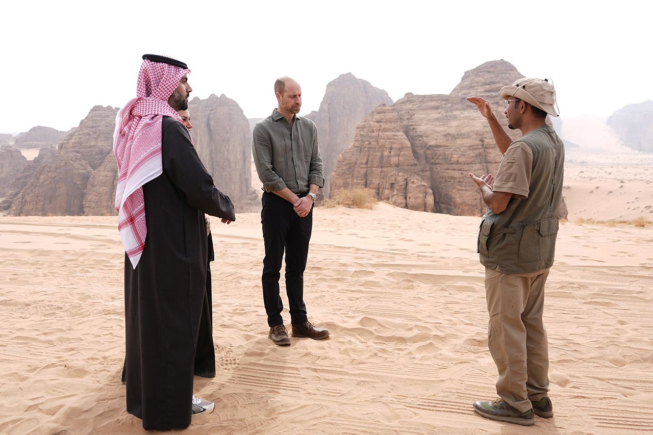 Prince William talks to a ranger and Prince Badr bin Abdullah bin Farhan Al Saud, in AlUla, Saudi Arabia on Feb. 11, 2026  Aaron Chown - Pool/Getty 