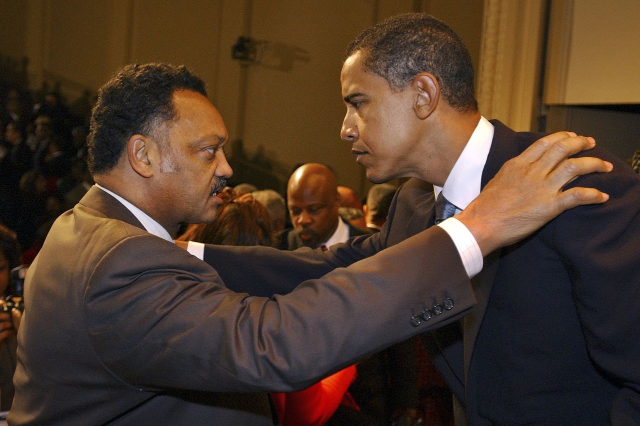 Rev. Jesse Jackson has a word with Sen. Barrack Obama, D-Ill., after a Congressional Black Caucus ceremony at the Library of Congress, in which members where sworn into the CBC for the109th Congress,Tuesday. Rev. Jesse Jackson Tom Williams/Roll Call/Getty
