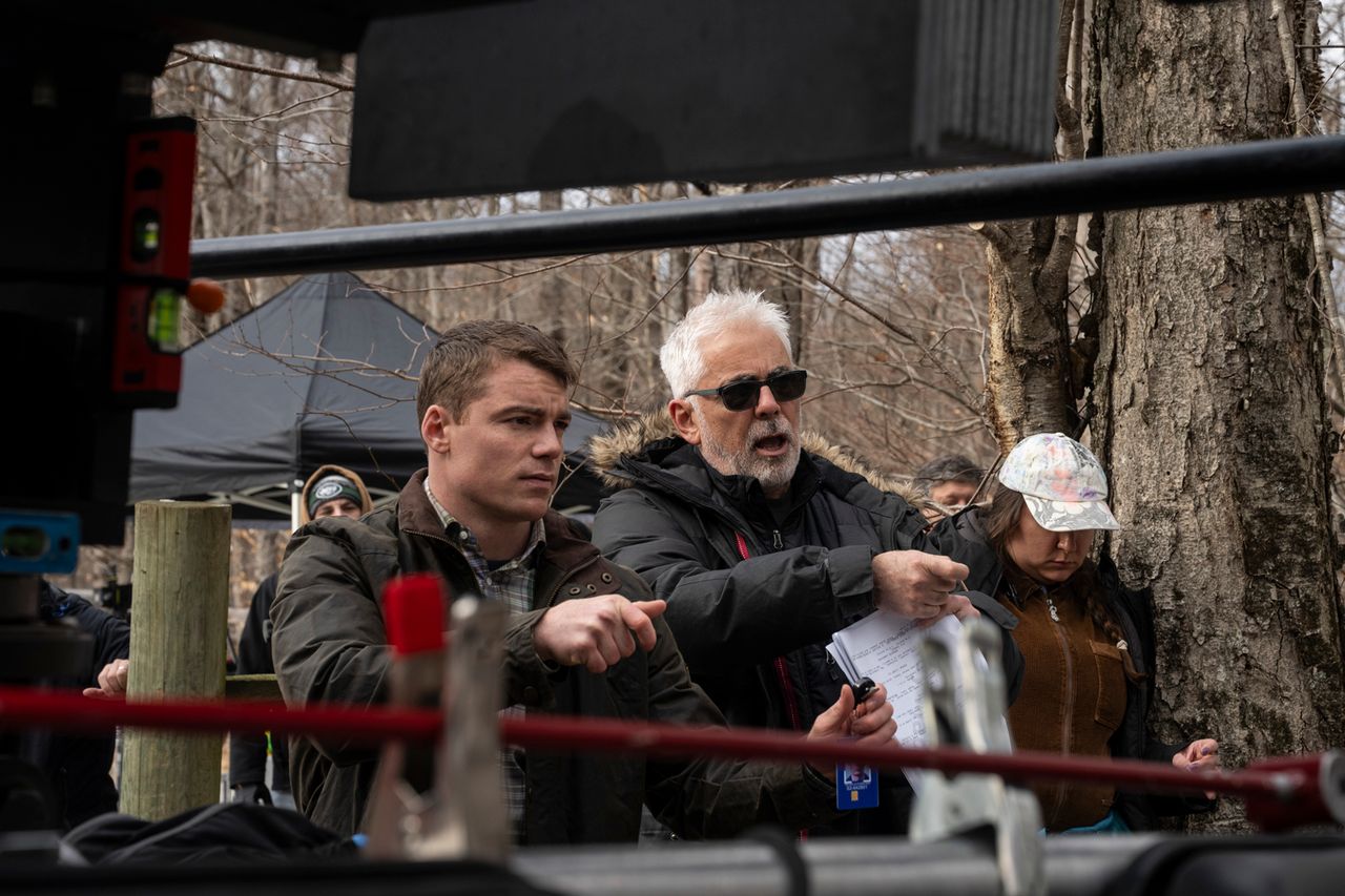 Gabriel Basso as Peter Sutherland and Director Adam Arkin on set of The Night Agent. Gabriel Basso as Peter Sutherland and Director Adam Arkin on set of The Night Agent. Christopher Saunders/Netflix