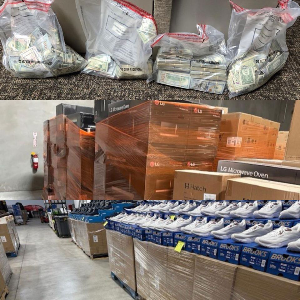 Cash, sneakers and additional products recovered in the California cargo theft bustCredit: Los Angeles County Sheriff's Department