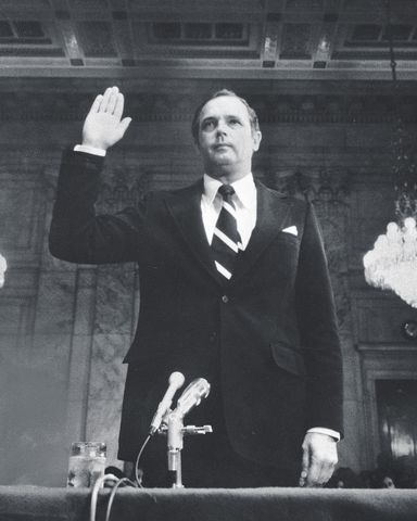 Former White House aide Alexander P. Butterfield swearing-in before his testimony about the Nixon administrations White House tapesCredit: Steve Northup/Getty