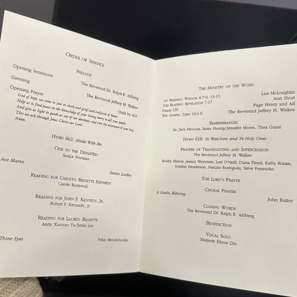 Church Where Memorial Service for JFK JR., Carolyn Bessette and Sister Lauren Took Place in 1999 Shares Program The inside of the 1999 memorial service programCredit: Christ Church Greenwich/Instagram