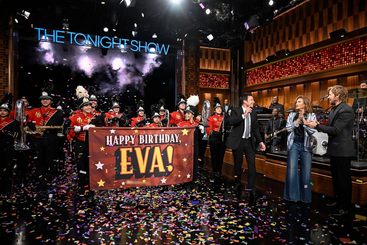 Host Jimmy Fallon, actress Eva Mendes, and actor Ryan GoslingCredit: Todd Owyoung/NBC