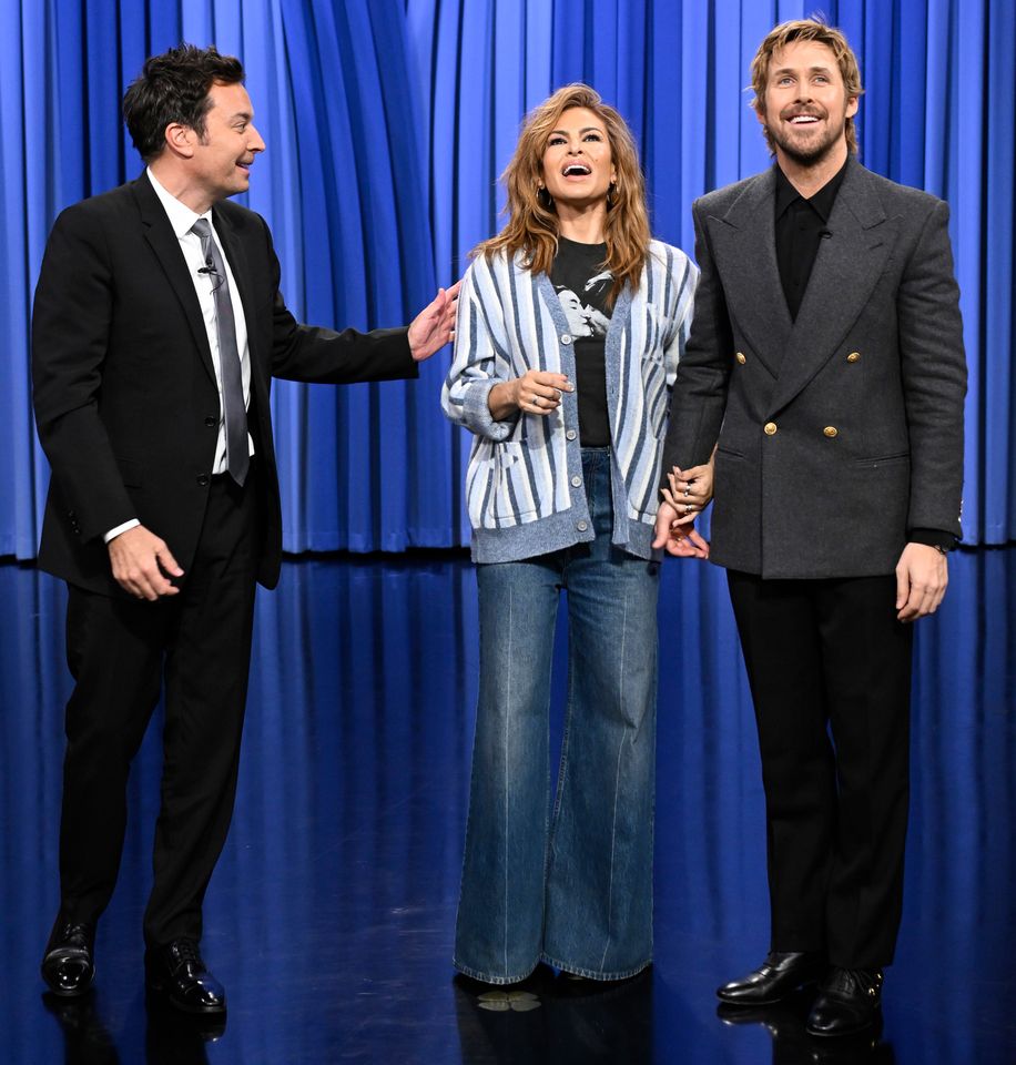 Host Jimmy Fallon, actress Eva Mendes, and actor Ryan GoslingCredit: Todd Owyoung/NBC via Getty