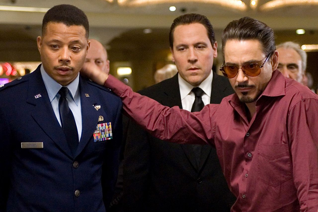 IRON MAN, Terrence Howard (left of center), Jon Favreau (center), Robert Downey Jr. (right of center), 2008.Credit: Paramount/Courtesy Everett
