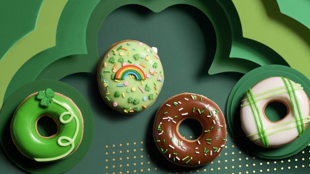Krispy Kreme St. Patrick Day Doughnuts Shooting Shamrock, Over the Rainbow, Chocolate Iced with St. Patrick’s Sprinkles, Plaid PartyCredit: Krispy Kreme