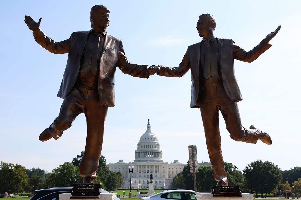 A statue depicited President Donald Trump and late convicted sex offender Jeffrey Epstein holding hands in Washington D.C. last SeptemberCredit: Anna Moneymaker/Getty