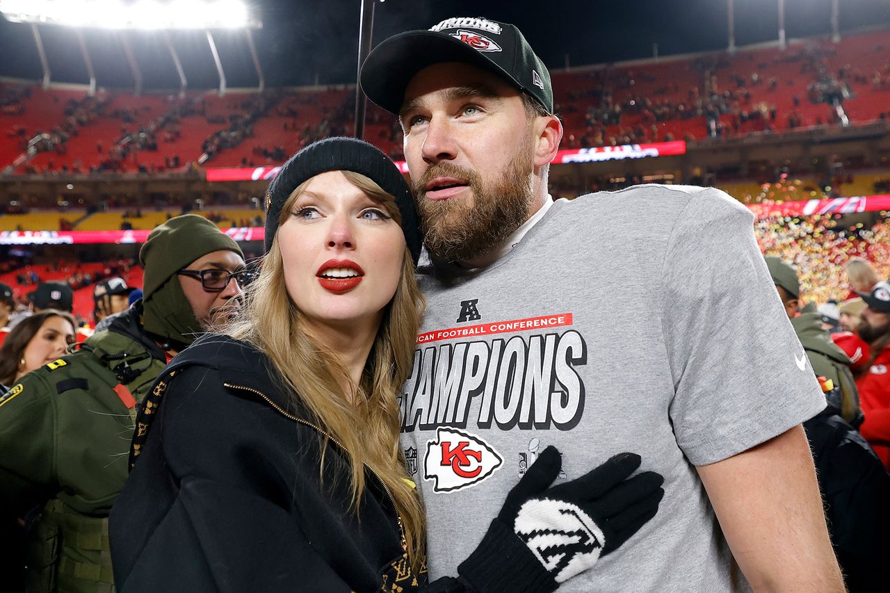 Taylor Swift celebrates with Travis Kelce #87 of the Kansas City Chiefs after defeating the Buffalo Bills AFC Championship Game. Taylor Swift and Travis KelceCredit: David Eulitt/Getty