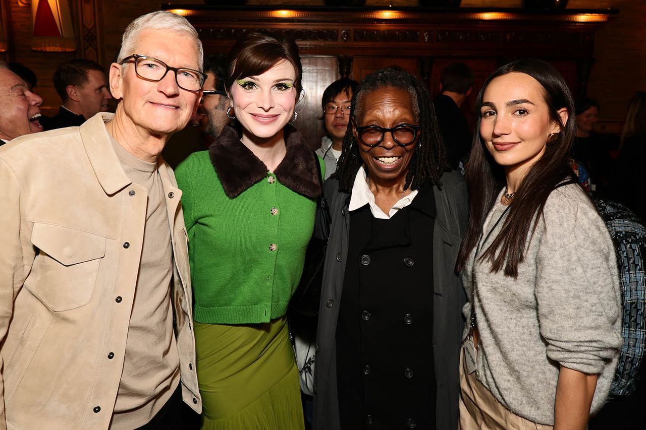 Tim Cook, Dylan Mulvaney, Whoopi Goldberg, and Emily Bear attend as Apple kicks off its 50th anniversary celebrations with special Alicia Keys performance at Apple Grand Central on March 13, 2026 in New York City. ( Tim Cook, Dylan Mulvaney, Whoopi Goldberg, and Emily BearCredit: Theo Wargo/Getty