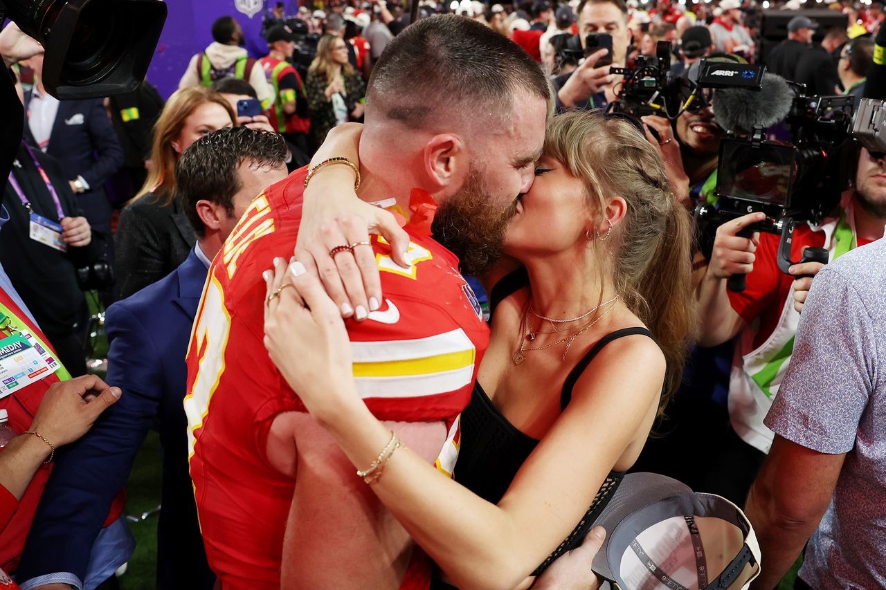 Travis Kelce and Taylor Swift embrace after defeating the San Francisco 49ers in overtime during Super Bowl LVIIICredit: Ezra Shaw/Getty