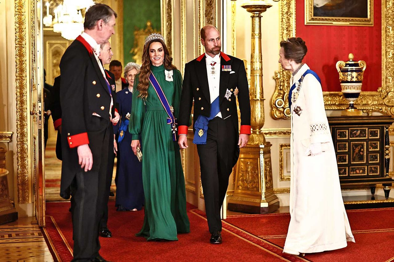 Sir Timothy Lawrence, Catherine Princess of Wales Prince William, Prince of Wales and Princess Anne, Princess Royal arrive to attend a State Banquet in St George's Hall on day one of their state visit to the UK at Windsor Castle on March 18, 2026 in Berkshire, England. Princess Kate and Prince William, with Princess Anne and Sir Tim Lawrence, arriving at the state banquetCredit: Henry Nicholls - WPA Pool/Getty