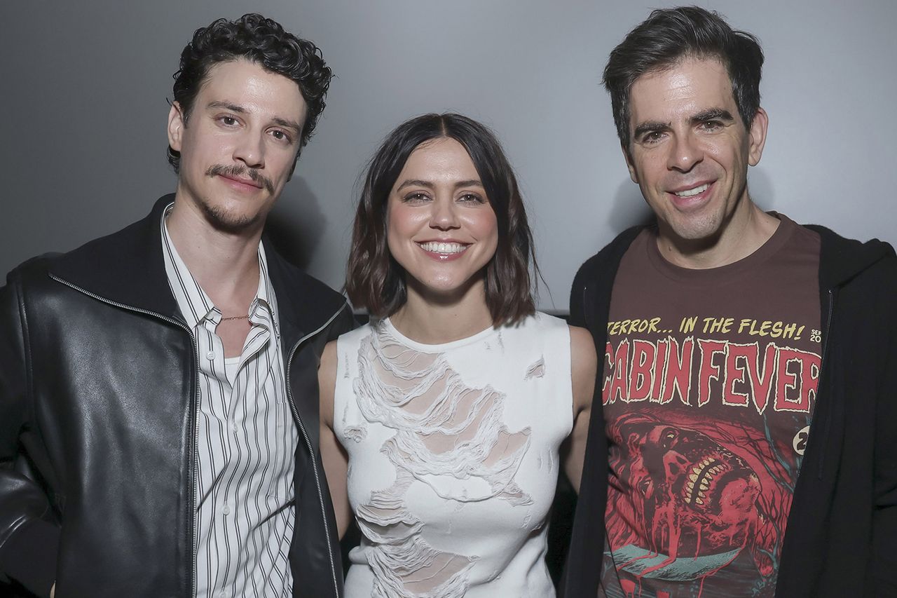 Adam DiMarco, Nina Kiri and Eli Roth.Credit: Todd Williamson/JanuaryImages