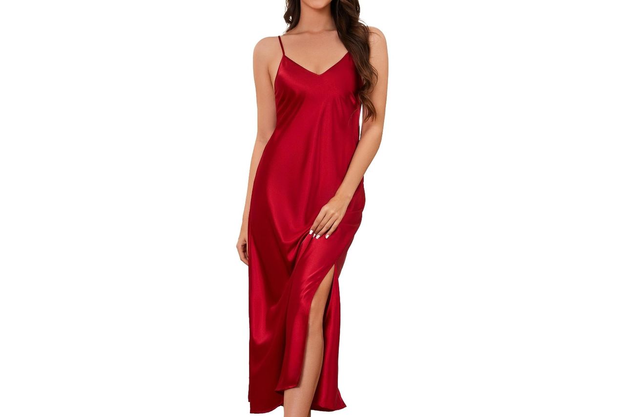 Alcea Rosea Womens Long Satin Slip Dress Nightgowns Sexy Lingerie Adjustable Strap Credit: Amazon
