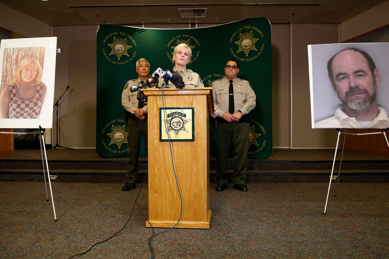 Santa Clara County Sheriff Laurie Smith speaks to the media about the 1974 killing of Arlis Perry at the Sheriff's office in San Jose, Calif., on Thursday, June 28, 2018. At left is Arlis Perry at right is Stephen Blake Crawford. Credit: Nhat V. Meyer/Bay Area News Group via Getty