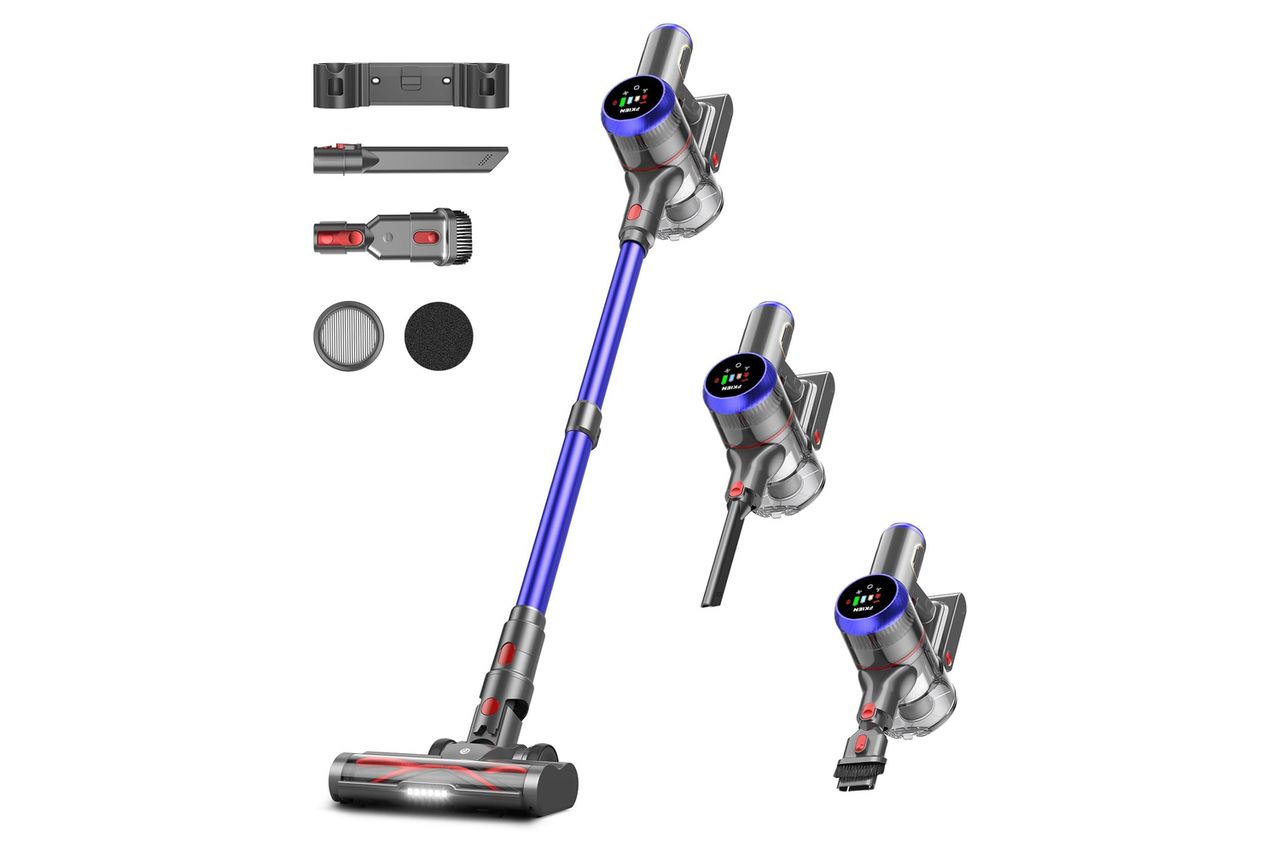 Cordless Vacuum Cleaner, 550W 45kPa 65Mins Vacuum Cleaners for Home with LED Display, Self-Standing Stick Vacuum with Anti-Tangle Brush, Rechargeable Vacuum Cordless for Pet Hair/Carpet/Floor Credit: Amazon