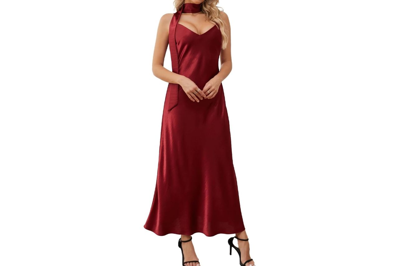 Elegant V Neck Bias Cut Satin Slip Maxi Dress With Detachable Scarf Credit: Amazon