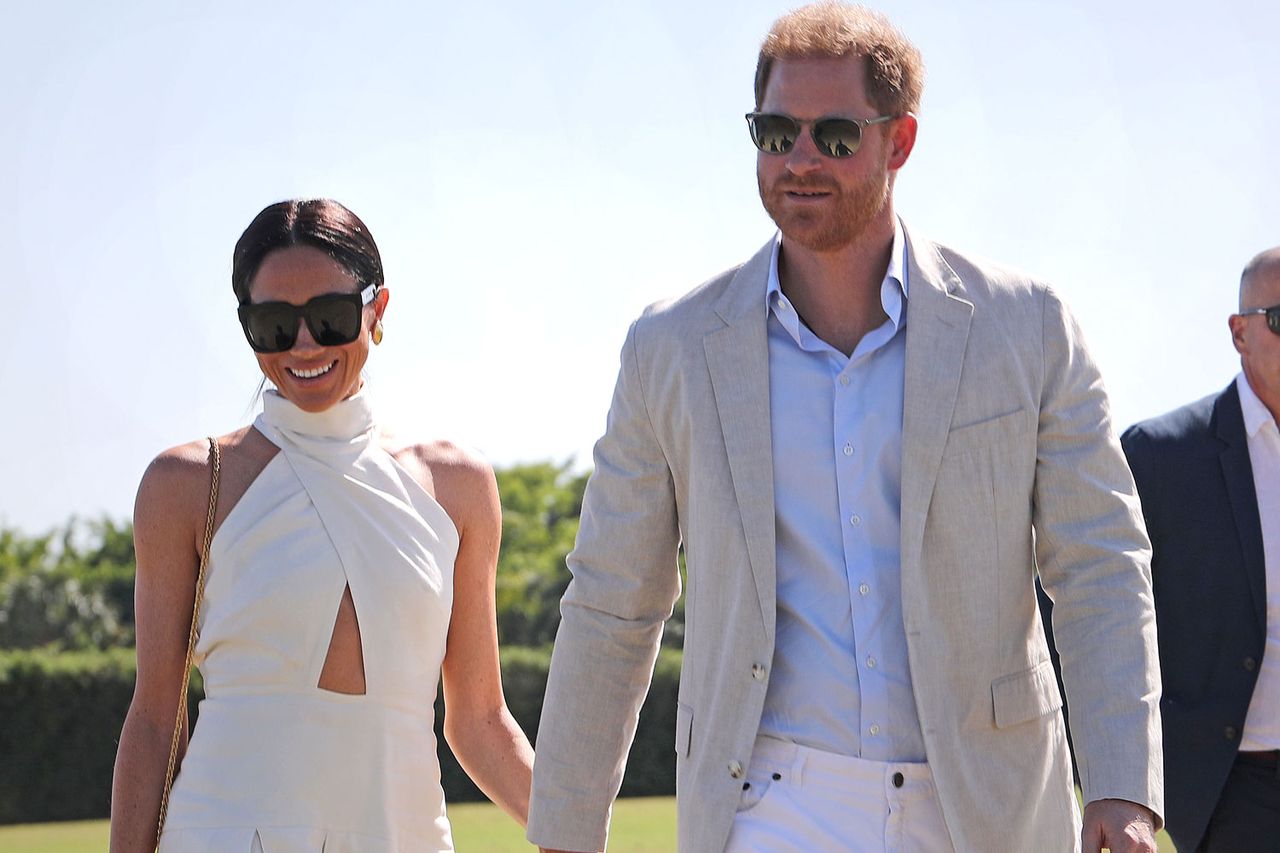 The Duke and Duchess of Sussex during the Royal Salute Polo Challenge, to benefit Sentebale, at the USPA National Polo Center in Wellington, Florida, US. Picture date: Friday April 12, 2024.Credit: Yaroslav Sabitov/PA Images/ Getty