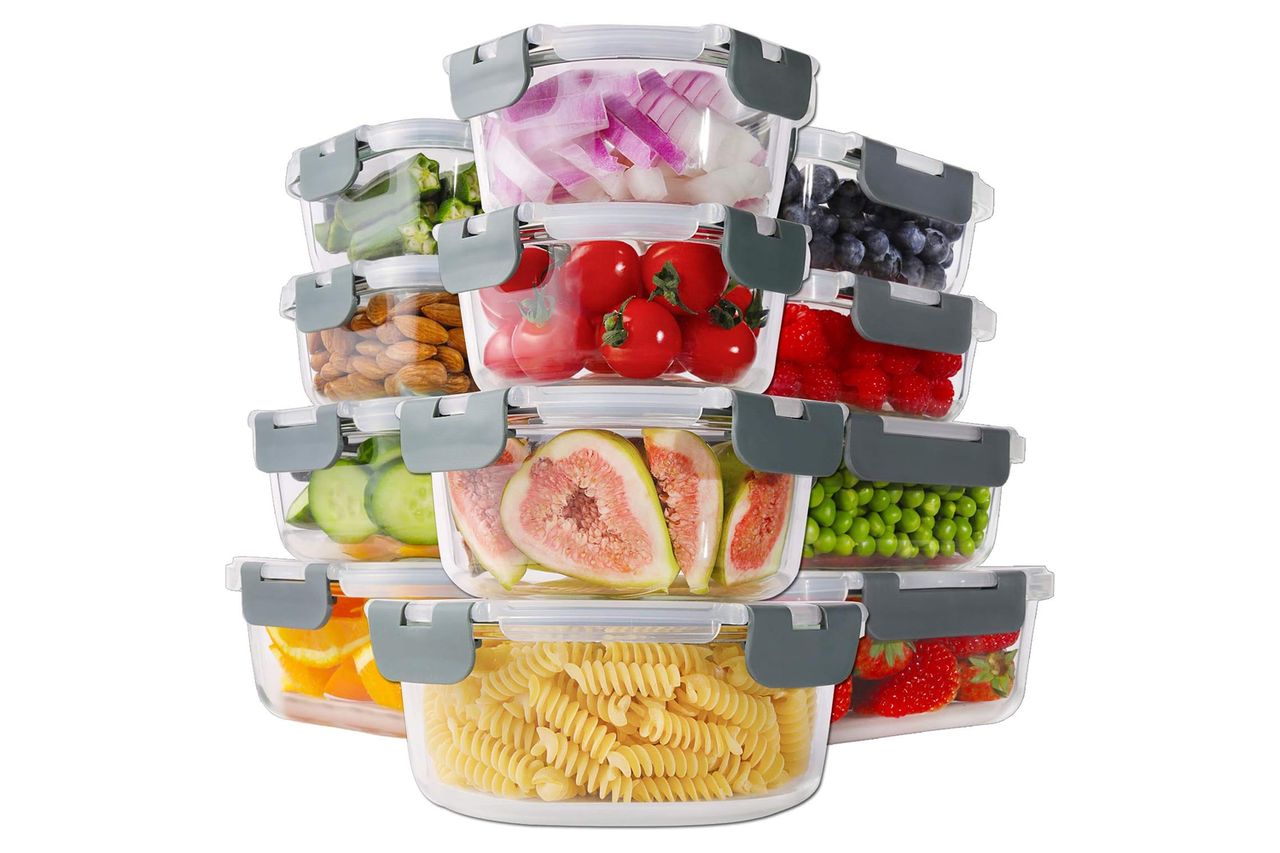 HOMBERKING 24pc Borosilicate Glass Food Storage Containers with Snap Locking Lids, Glass Meal Prep Containers, Airtight Lunch Boxes, Oven, Freezer and Dishwasher Safe, BPA Free, Kitchen Storage Set Credit: Amazon