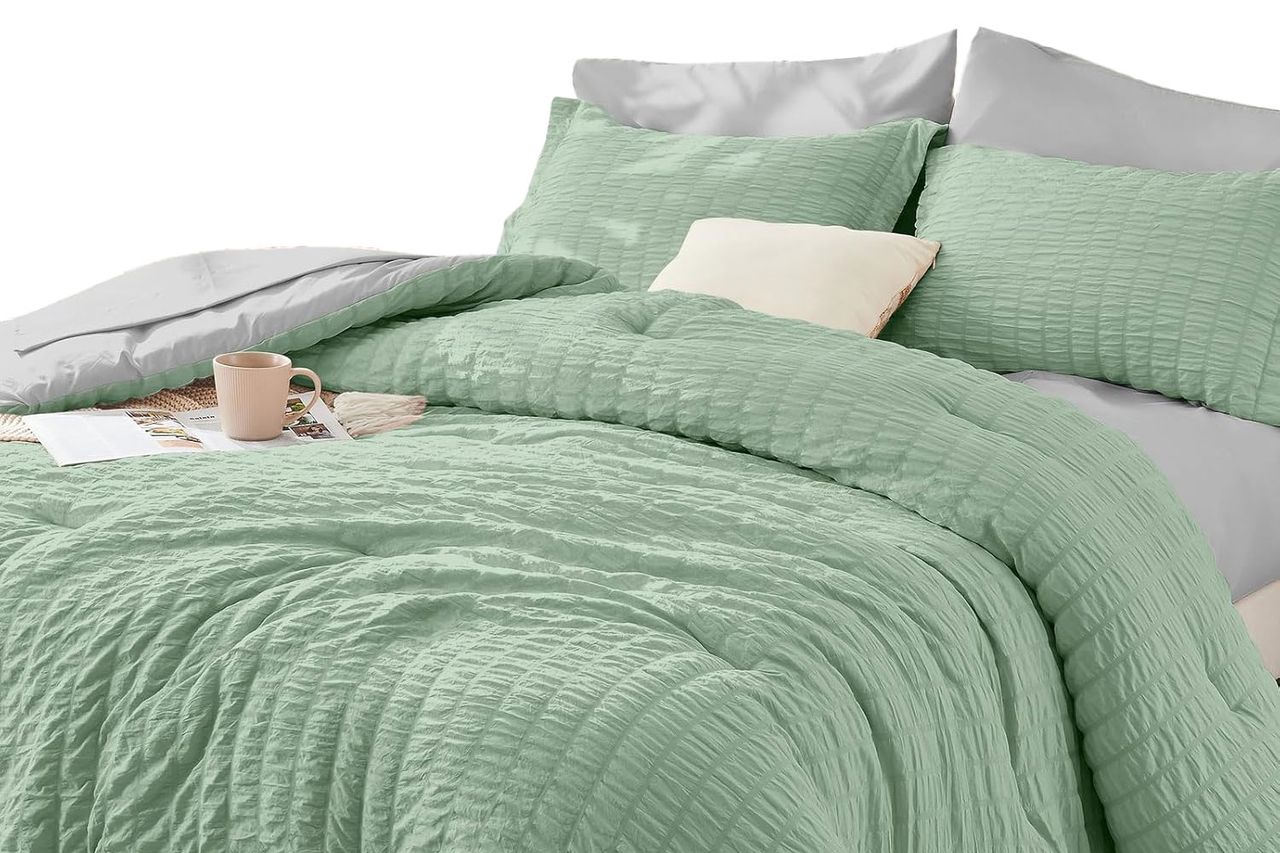 HYMOKEGE Sage Green/Light Grey Queen Comforter Set Seersucker 7 Pieces Credit: Amazon