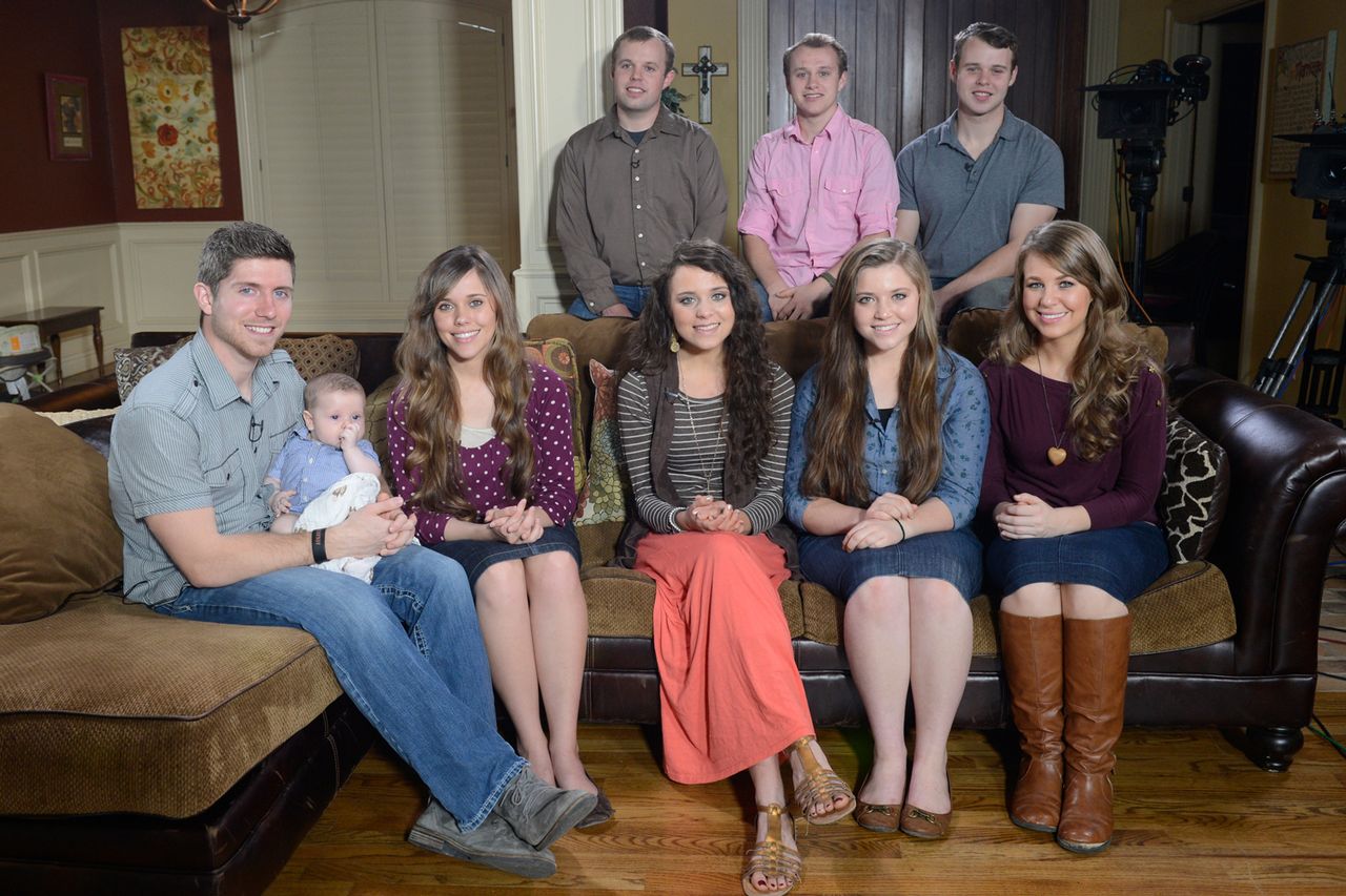 Ben and Jessa Seewald, Jinger, Joy and Jana Duggar. REAR: John David, Josiah and Joseph Duggar (l to r)Credit: Disney General Entertainment Content via Getty