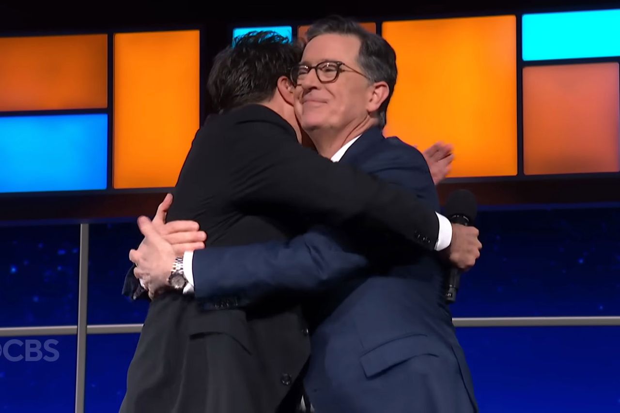 Jimmy Fallon and Stephen Colbert share a hug on 'The Late Show' on March 5, 2026Credit: The Late Show with Stephen Colbert/YouTube