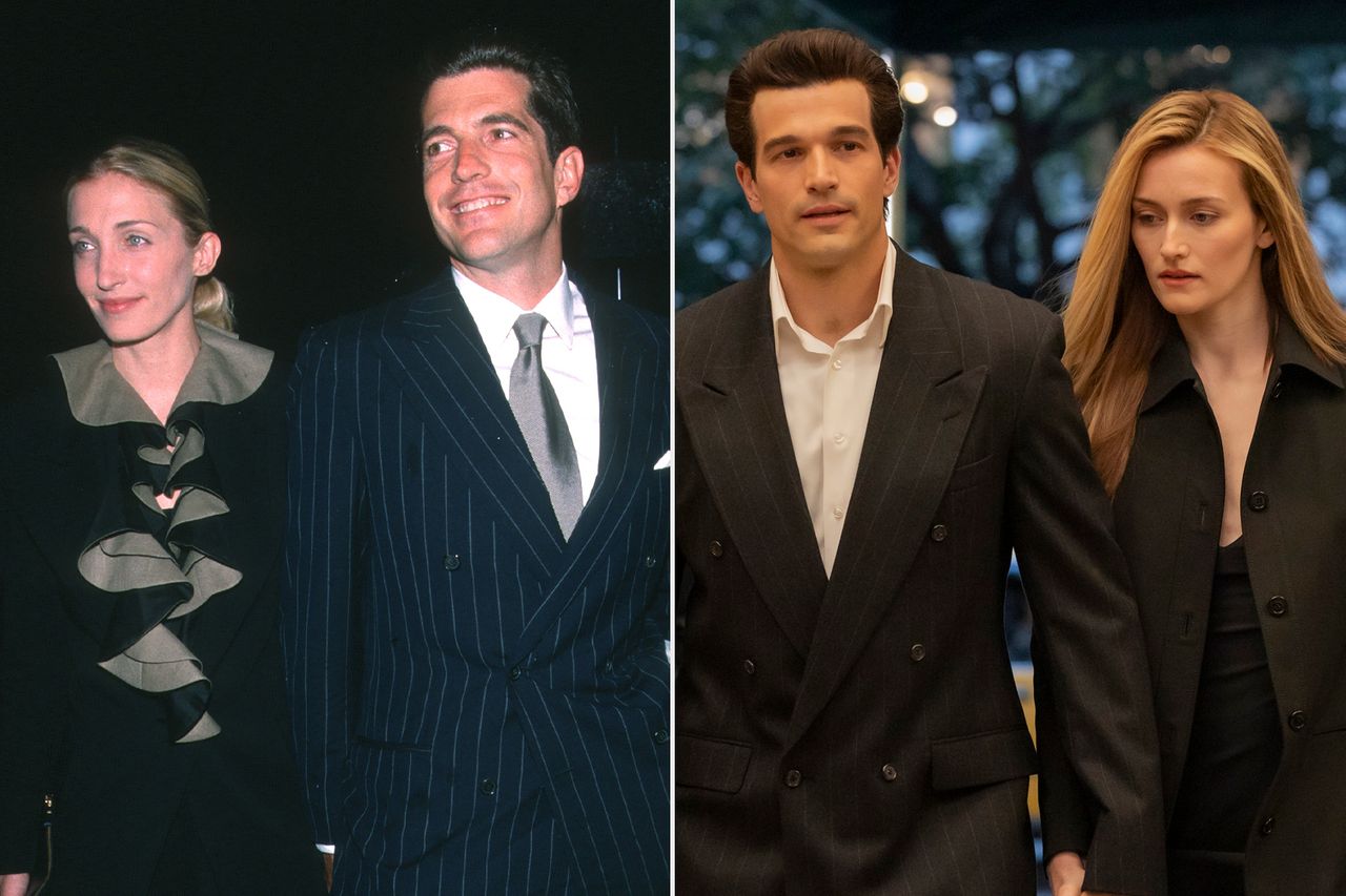 Carolyn Bessette-Kennedy and John F Kennedy Jr.; Paul Kelly and Sarah Pidgeon in 'Love Story'Credit: Ron Galella/Ron Galella Collection via Getty; FX