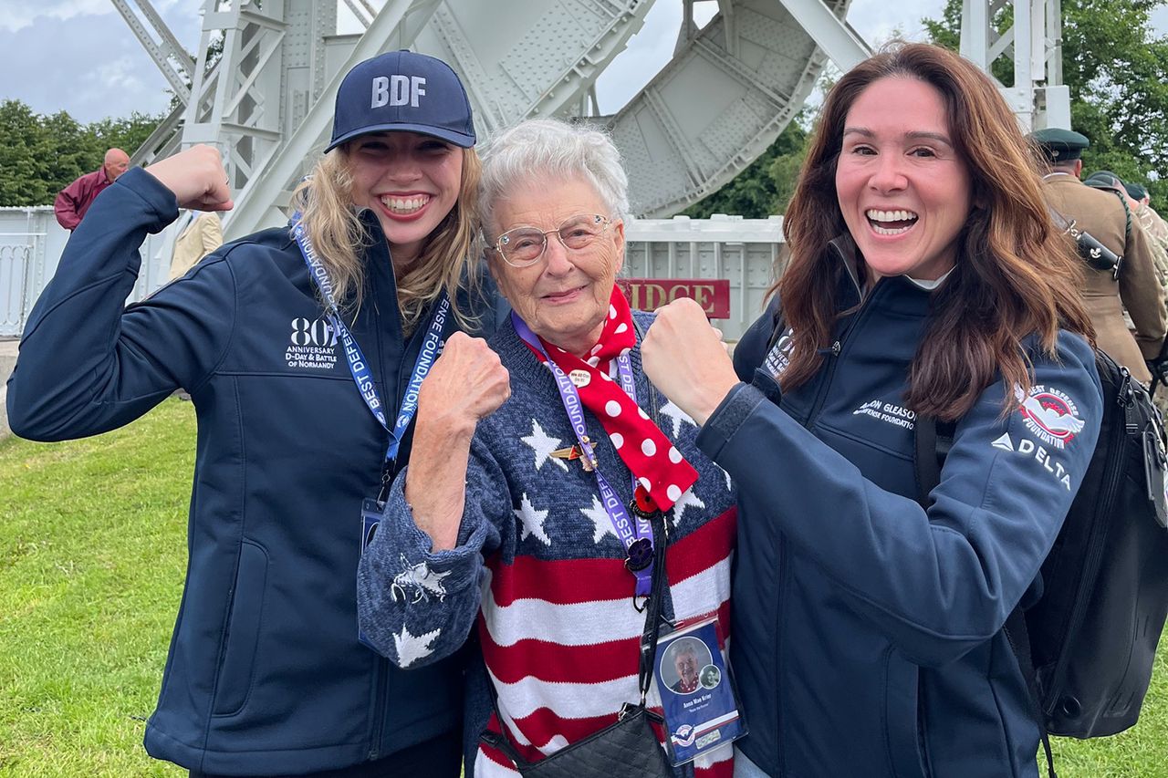Mae Krier, center, with Raya Kenney, left, and a volunteer, right, celebrating the 80th anniversary of D-Day.Credit: Courtesy Deb Woolson