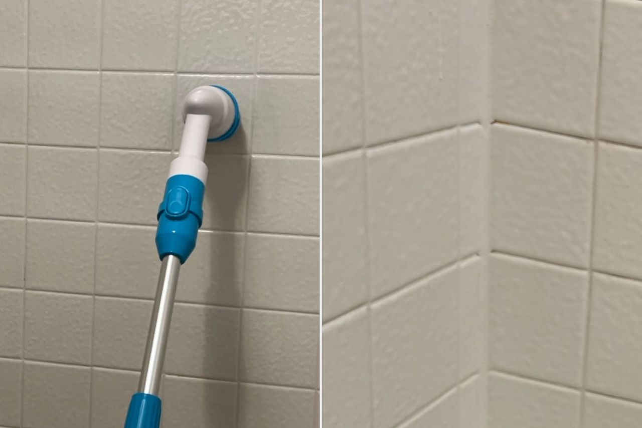A shower scrubber tool with a rotating head on a tiled wall shown next to a clean corner section of the tiles Credit: People