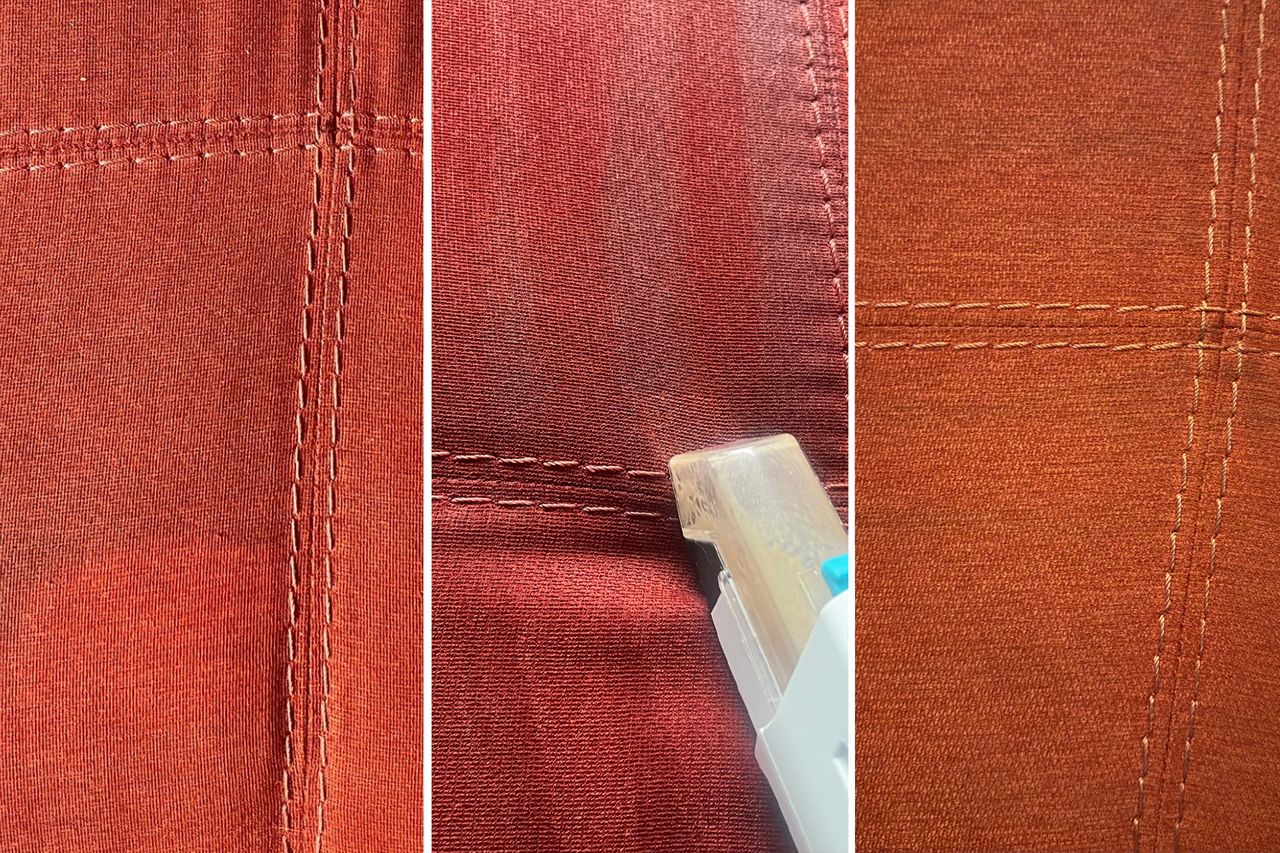Three panels showing different stages of cleaning a fabric surface with a handheld tool Credit: People